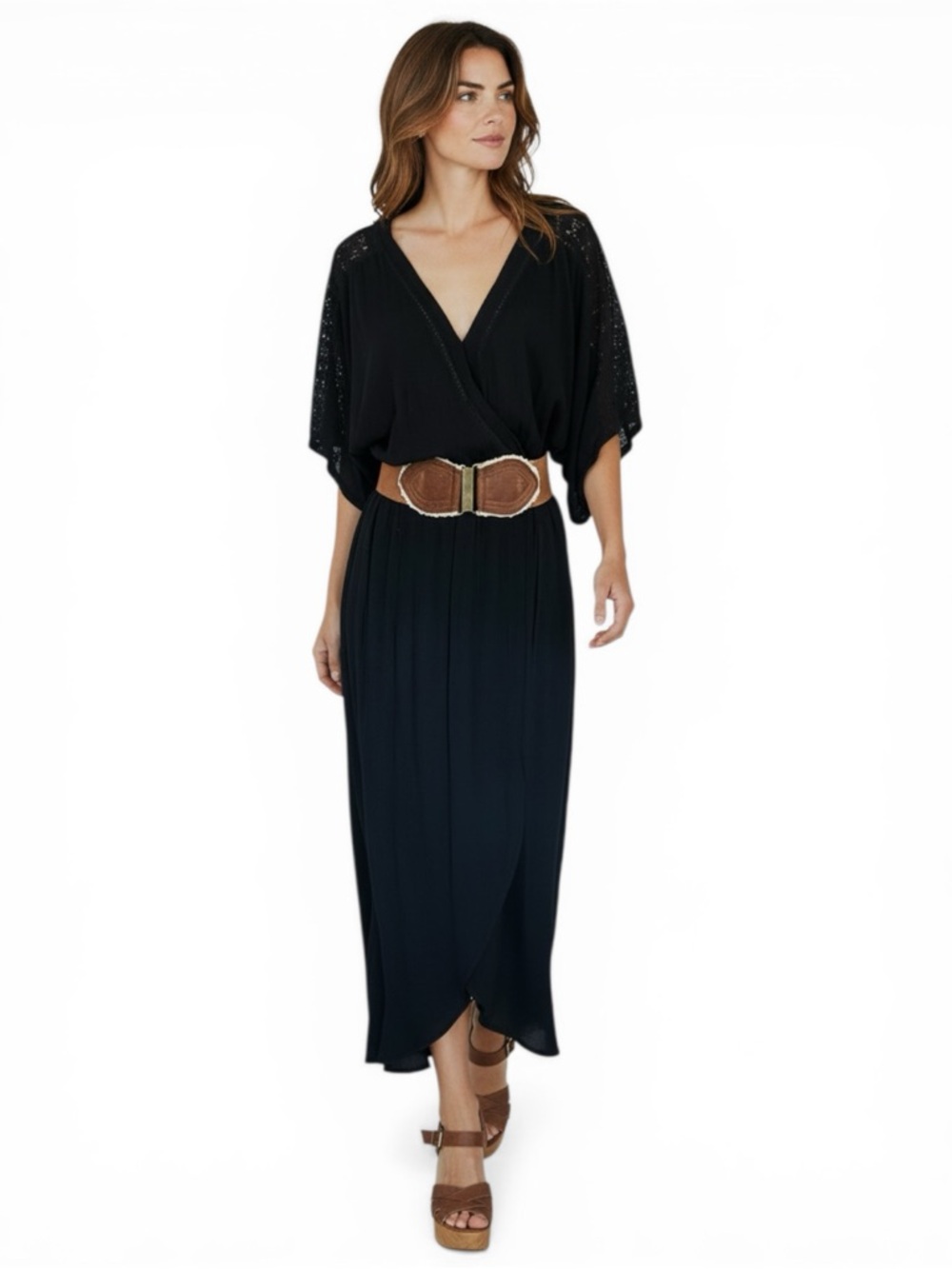 Lovestitch Black Boho Midi Dress Lace Back Surplice Wrap Tulip Hem Small